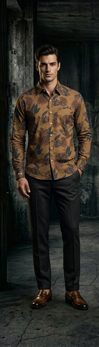 Camel Brown Floral Print Shirt